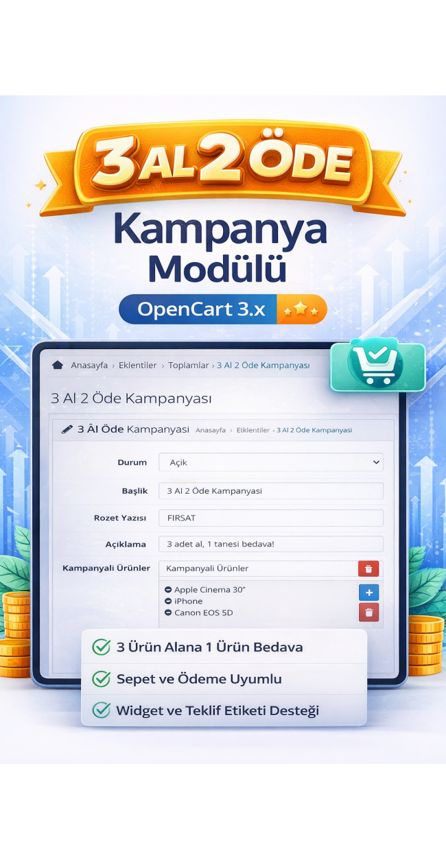 OpenCart 3.x 3 Al 2 Öde Kampanya Modülü