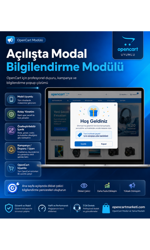 OpenCart Açılışta Modal Bilgilendirme Modülü